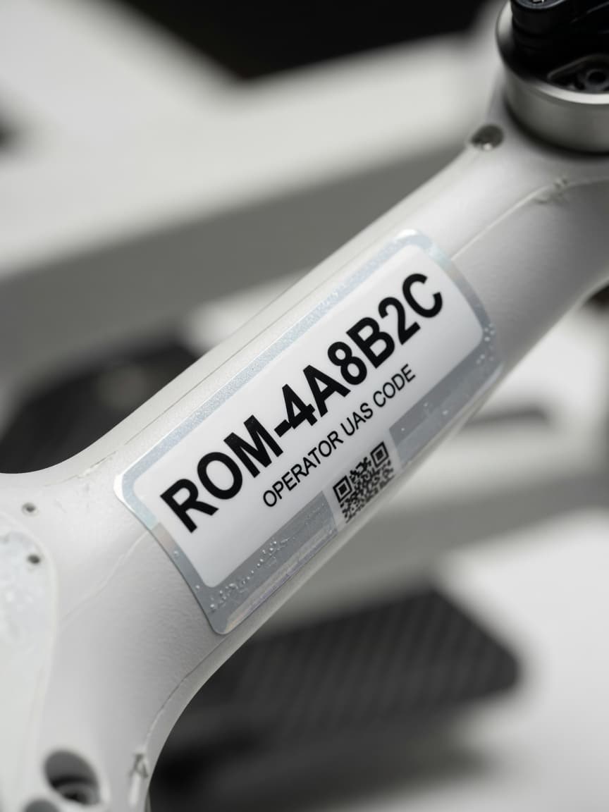 Sticker cod UAS operator ROM pe dronă DJI — înregistrare dronă România AACR