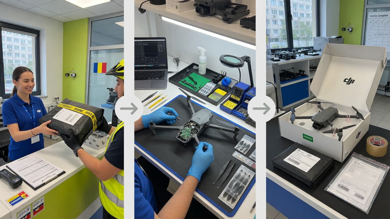Proces reparații drone rapide — ridicare, diagnostic, reparație, returnare