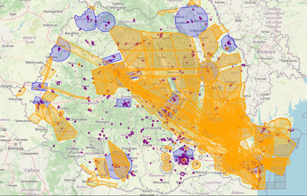 Hartă ROMATSA geo-zone restricționate — zbor legal Mavic 4 Pro